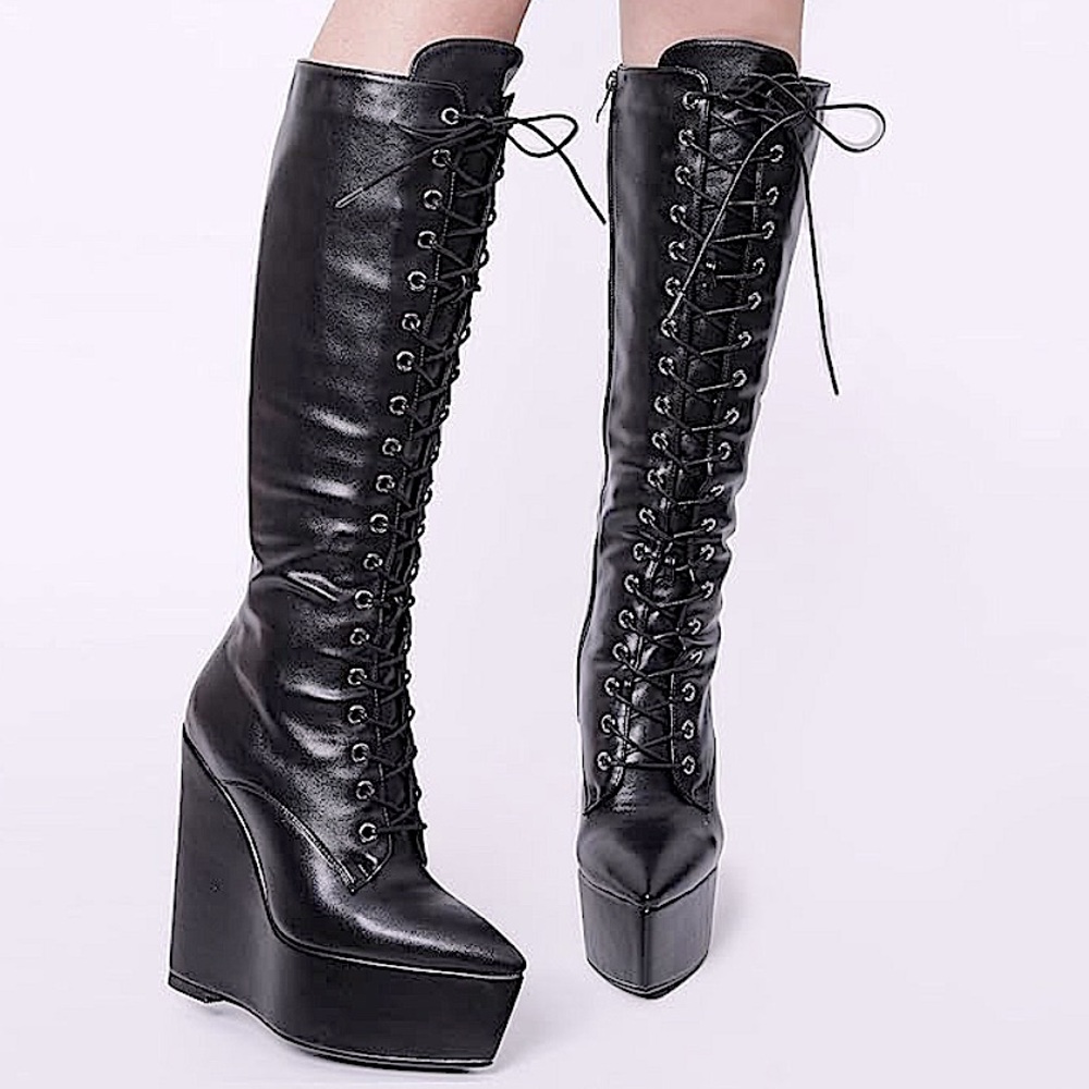 Artrotter: 9.5  Lace Up Wedge Boots Zip Pointed Toe Platform High Heel Dress